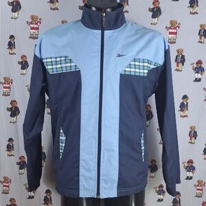 Vintage Reebok full zip navy blue & plaid Women's LG casual windbreaker jacket